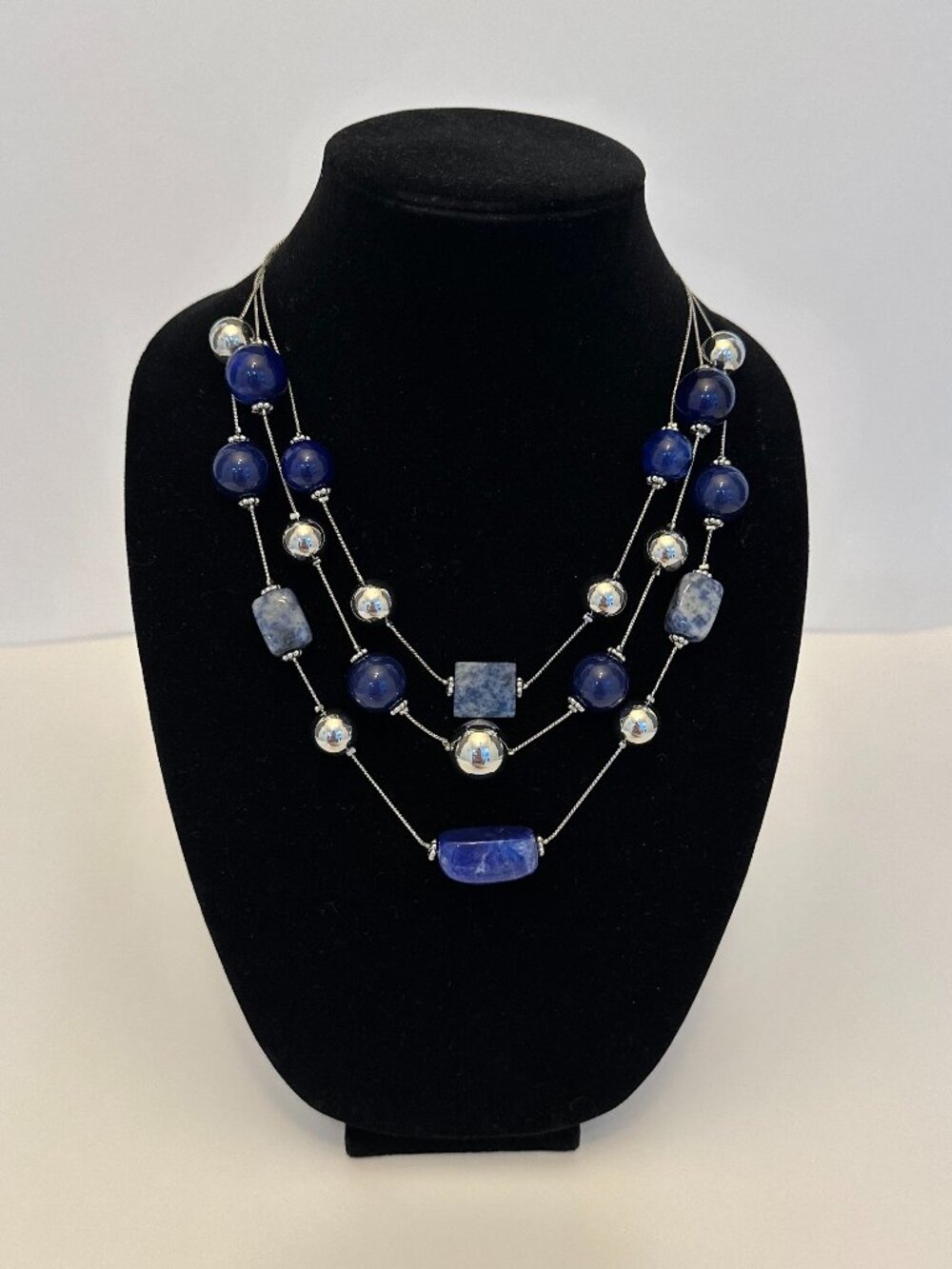 Blue Multi Strand Statement Necklace Silver Layered Beaded Boho Chic Jewelry